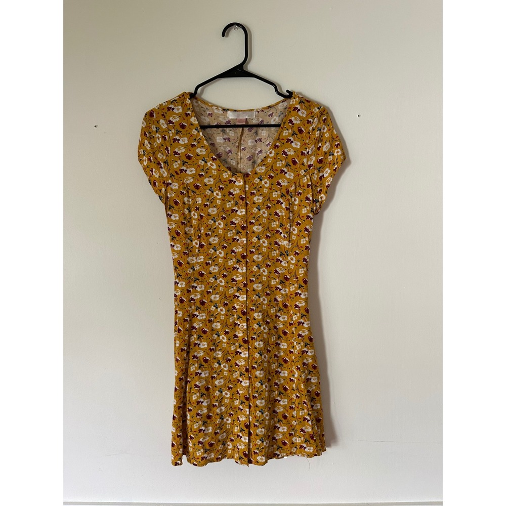Yellow Floral Button Front Mini Dress with Lace Up Back Mustard Short Sleeve M